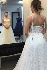 Charming A-Line Spaghetti Straps Tulle Starry Night Long Prom Dresses